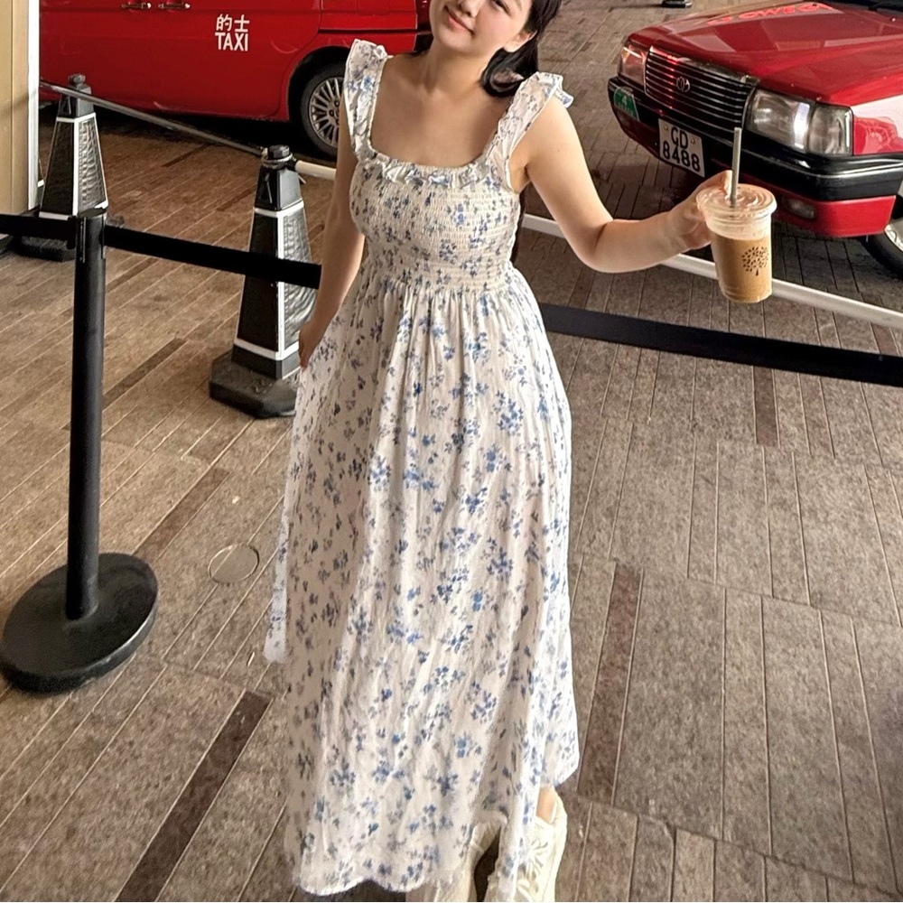 Reformation Blue Floral Midi Dress XS Smocked Cotton Summer Dress - Picture 7 of 7